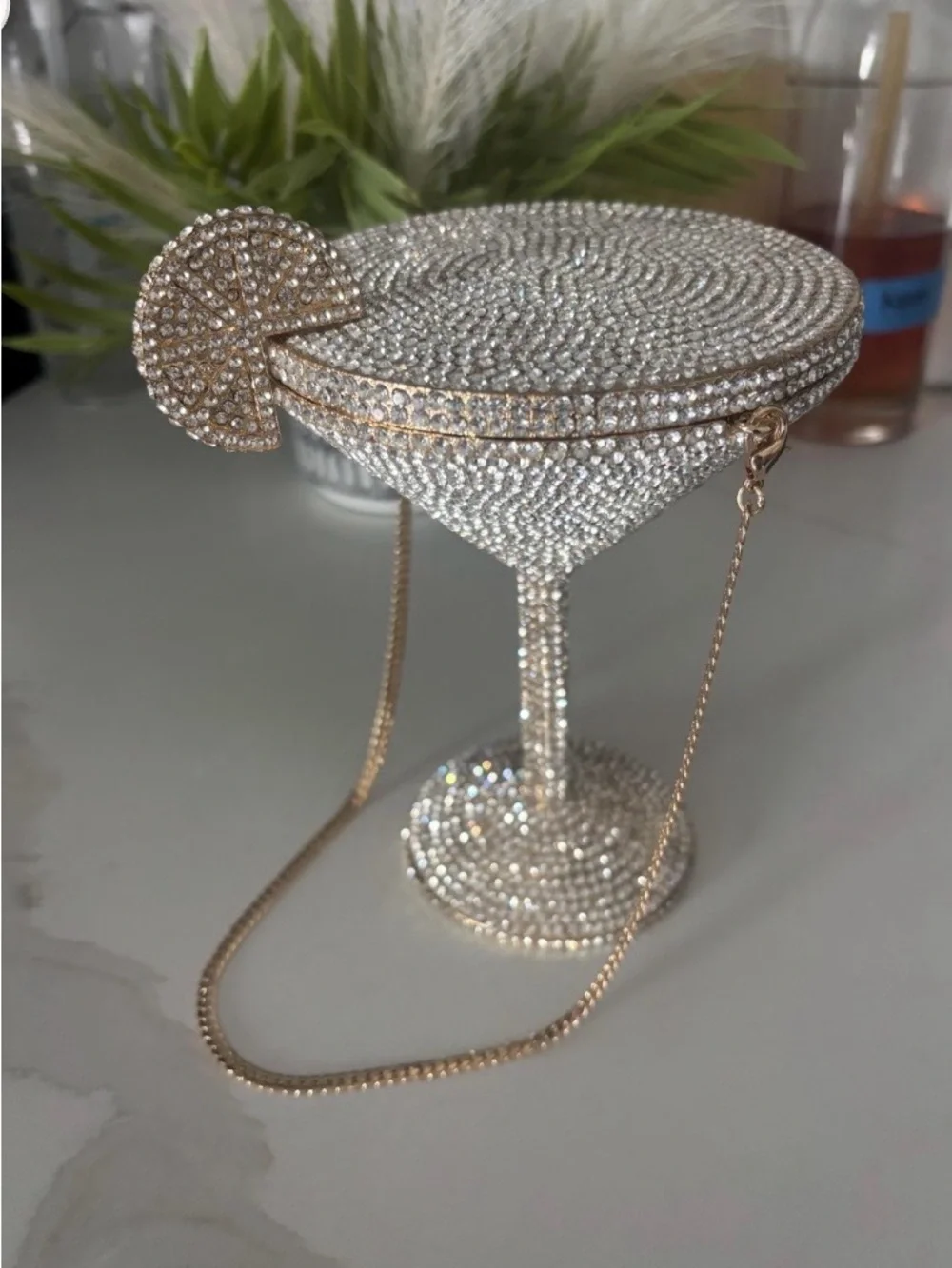 Crystal Martini Clutch Bag with Gold Chain